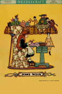 Young Girl Cuts Patterns for a Collection of Dolls Poster Print.