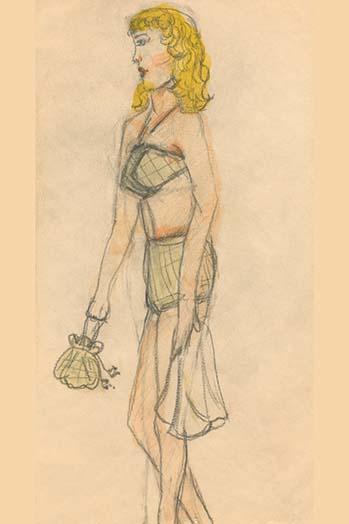 Bikini-clad woman carrying a towel and purse, colorful poster print.