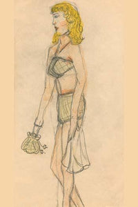 Bikini-clad woman carrying a towel and purse, colorful poster print.