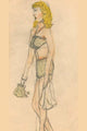 Bikini-clad woman carrying a towel and purse, colorful poster print.