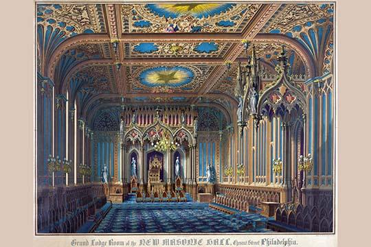 Grand Lodge Room of the New Masonic Hall Poster Print showcasing architectural elegance.