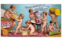 Victorian trade card advertisement poster featuring cherubs packing pills.