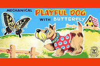 Vintage poster print of a wind-up terrier chasing a butterfly.