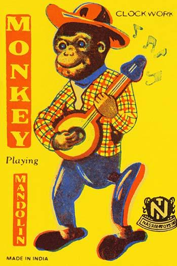 Charming monkey playing the mandolin on a vintage tin toy box lid poster print.