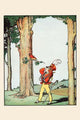 A child soldier looks up at a bird perched on a tree branch, poster print.