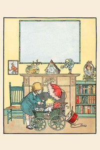 Poster print of a little girl getting her doll ready for a stroller ride.
