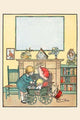 Poster print of a little girl getting her doll ready for a stroller ride.