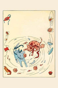 'The Gingham Dog and Calico Cat' poster print by Eugene Field, depicting playful animals sending room contents flying.