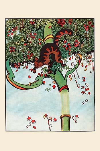 Candy Tree Cat Poster Print by Eugene Field featuring a playful cat shaking candy from a tree.