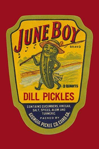 Pickle Person Bottle Label Poster Print featuring a whimsical pickle character.