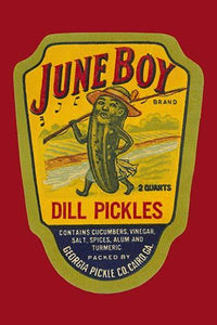 Pickle Person Bottle Label Poster Print featuring a whimsical pickle character.