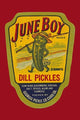 Pickle Person Bottle Label Poster Print featuring a whimsical pickle character.