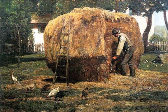 Farmer Uses Pitchfork on Haystack Art Print by Frederick Childe Hassam