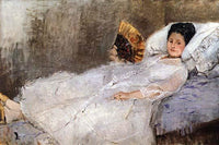 Fine art print of a woman in bed holding a folding fan by Berthe Morisot.