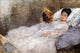 Fine art print of a woman in bed holding a folding fan by Berthe Morisot.