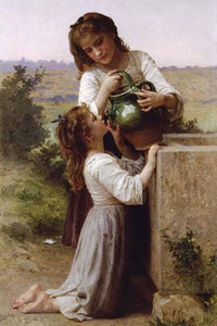 At a Well Poster Print by William-Adolphe Bouguereau depicting a big sister pouring water into her younger sister's mouth