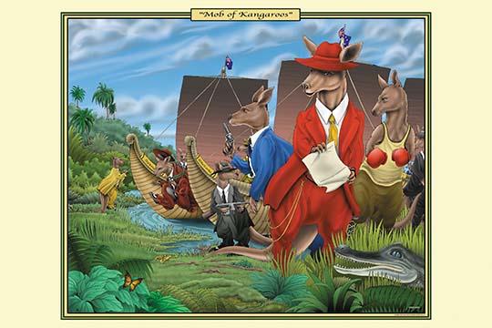 Bark Heard Round the World Poster Print by Richard Kelly featuring animals uniting to teach about saving the planet.