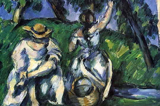 Two Ladies Picking Fruit from a Tree Poster Print by Paul Cézanne