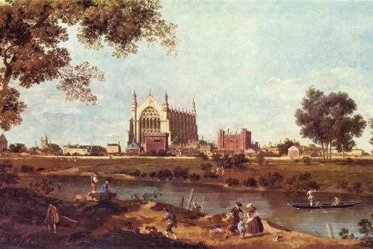 River Activities Poster Print by Canaletto showing people fishing, boating, and picnicking.