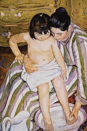 Mother Bathes Her Baby's Toes in a Bowl of Water Poster Print by Renoir