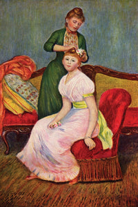 La Coiffure art print by Pierre-Auguste Renoir, showcasing an Impressionist oil painting of a woman getting her hair done.