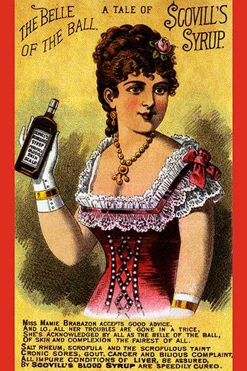 Victorian medical trade card poster print featuring a woman with a medicine bottle.