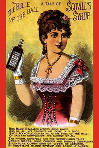 Victorian medical trade card poster print featuring a woman with a medicine bottle.