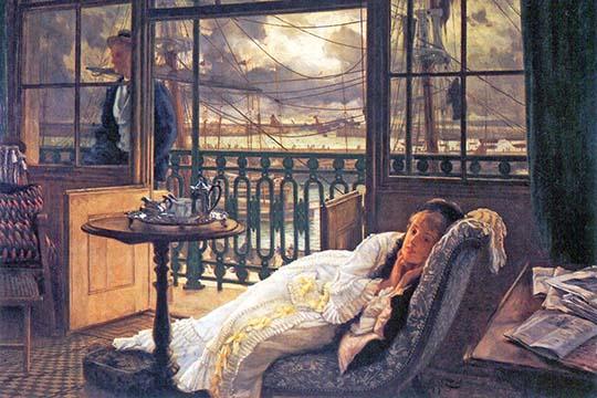 A young woman in a lace dress reclining on a couch with a stormy background - Poster Print by James Tissot.