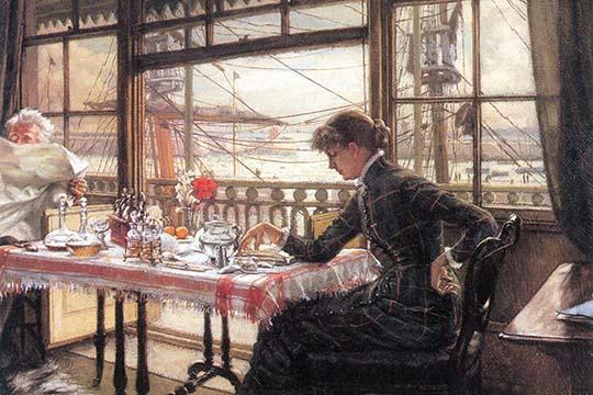 A Young Woman Having Breakfast Poster Print by James Tissot - Elegant home décor artwork.