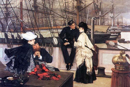 On Board Ship fine art print by James Tissot depicting a captain and young girl in romantic conversation.