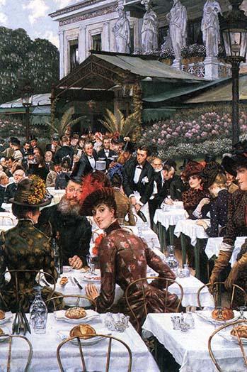 A Grand Banquet in the Open Air poster print by James Tissot featuring women at an outdoor banquet.