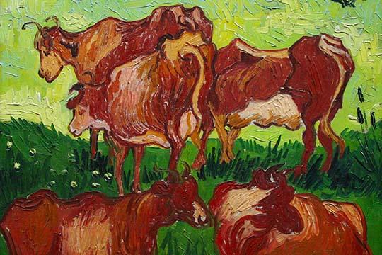 Les Vaches poster print by Vincent Van Gogh showcasing vibrant colors.