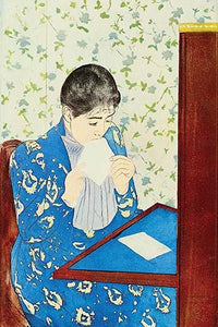 Woman in a patterned blue dress licking an envelope, Mary Cassatt art print.