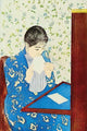 Woman in a patterned blue dress licking an envelope, Mary Cassatt art print.