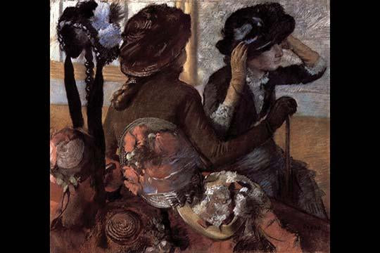 Woman Tries on a Hat in a Paris Art Shop Poster Print by Edward Degas