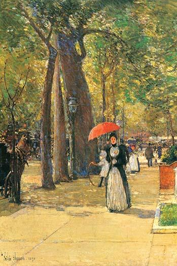 Woman Walking Along Tree-Lined Street with Umbrella Poster Print by Frederick Childe Hassam