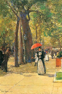 Woman Walking Along Tree-Lined Street with Umbrella Poster Print by Frederick Childe Hassam