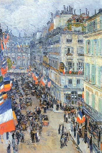 The 14th July, Rue Daunou Poster Print by Frederick Childe Hassam, vibrant Parisian artwork.