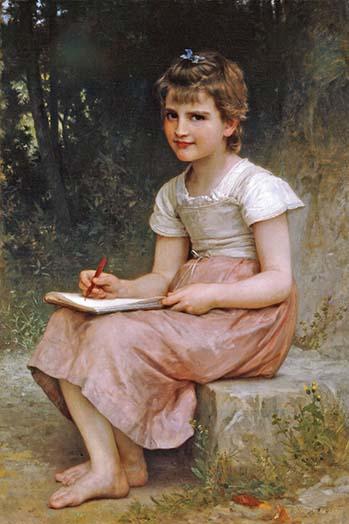 A Young Girl Writing on a Marble Entablature Poster Print by Bouguereau