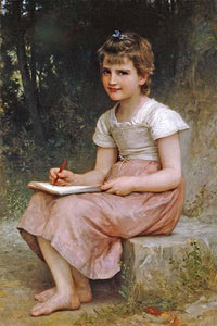 A Young Girl Writing on a Marble Entablature Poster Print by Bouguereau