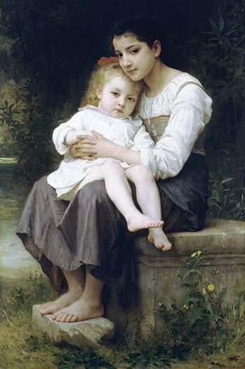 Big Sister Embracing Baby Girls Marble Art Print by Bouguereau