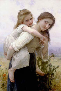 Young Girl Carrying Her Sister Vintage Art Print by Bouguereau