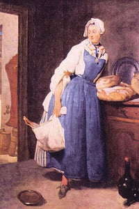 Poster print of a woman holding bread and chicken by Jean Chardin