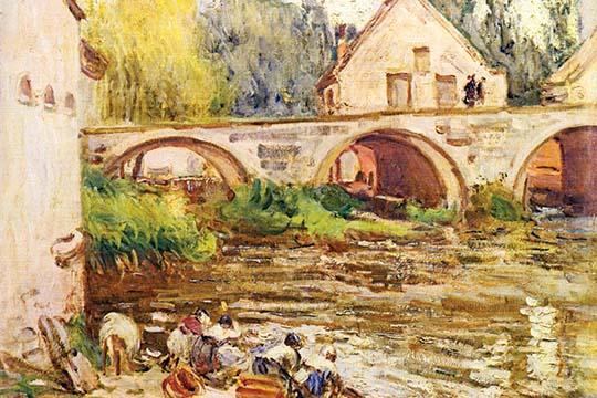 Women Washing Clothes by a River with Stone Bridge Poster Print by Alfred Sisley