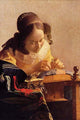 A Young Girl Tats Lace Poster Print by Johannes Vermeer, vintage art reproduction
