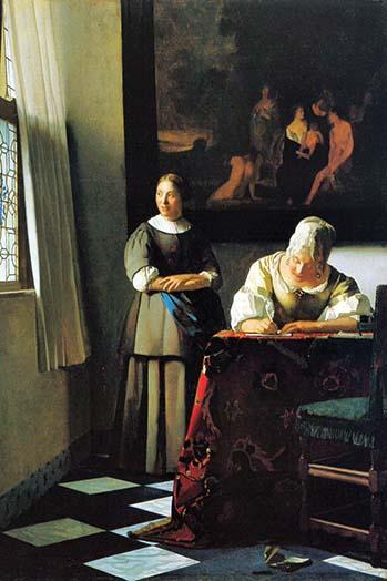 Vintage art print of Woman with Messenger by Johannes Vermeer.
