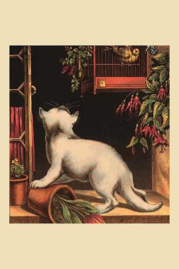 Kitten trying to catch a bird, whimsical poster print.