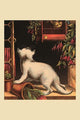 Kitten trying to catch a bird, whimsical poster print.