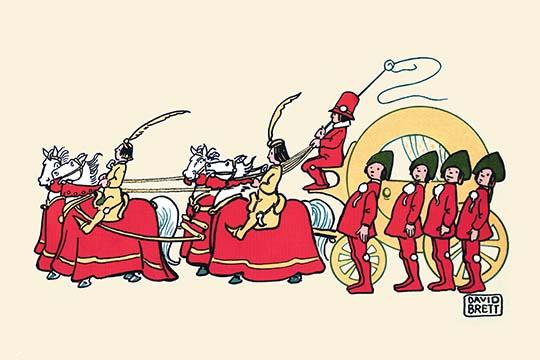 The Royal Carriage with Horses and Footmen poster print featuring a majestic scene.
