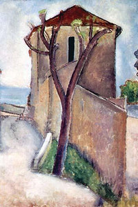 Tree and House Poster Print by Amadeo Modigliani, vintage art reproduction.